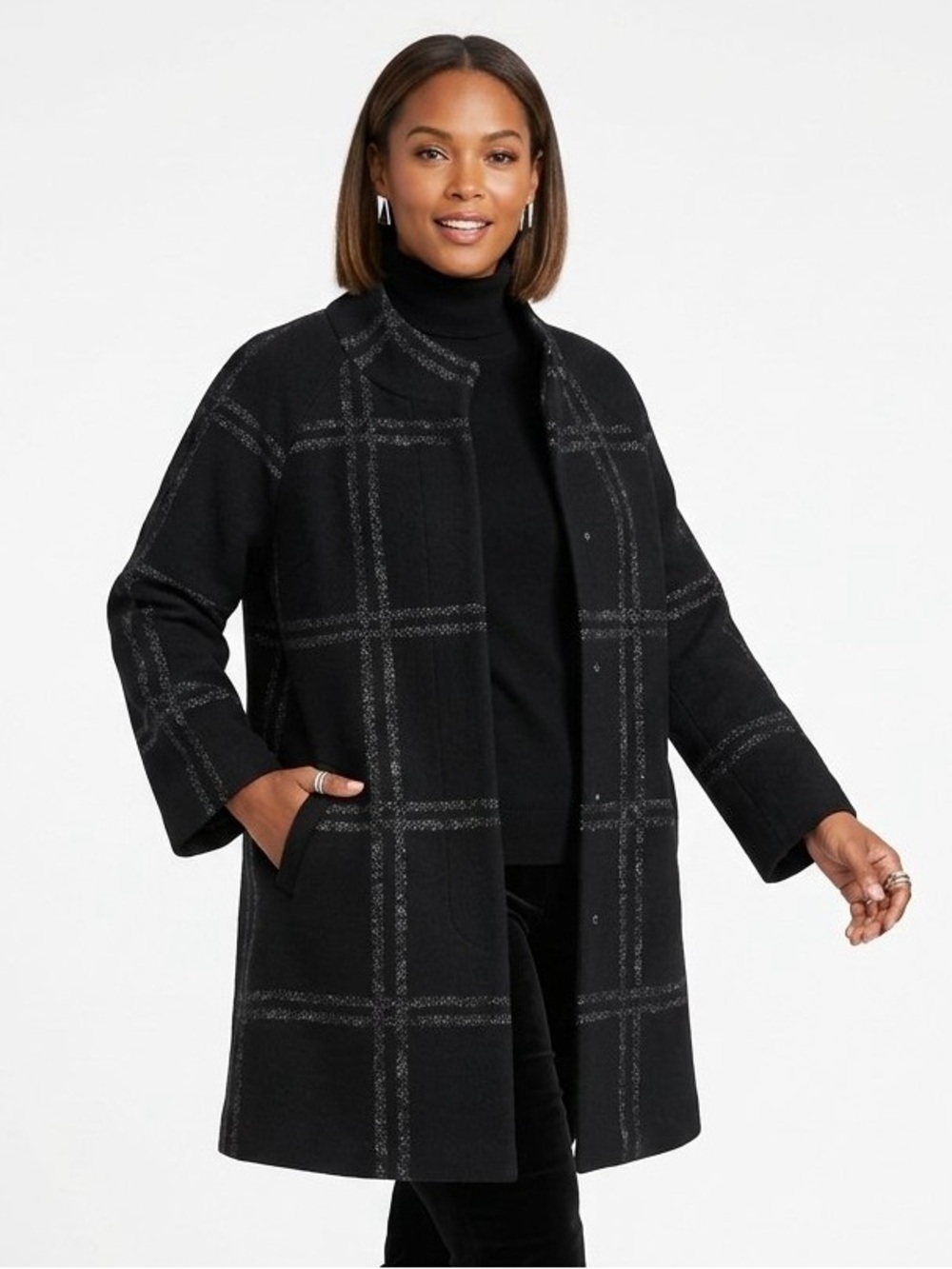Adrienne Vittadini Black Windowpane Wool-Blend Collarless Coat